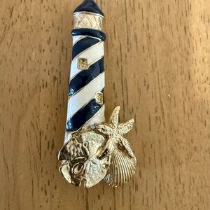 Lighthouse Beachy Brooch Gold Tone Black Cream Enamel Sea Shells VIntage